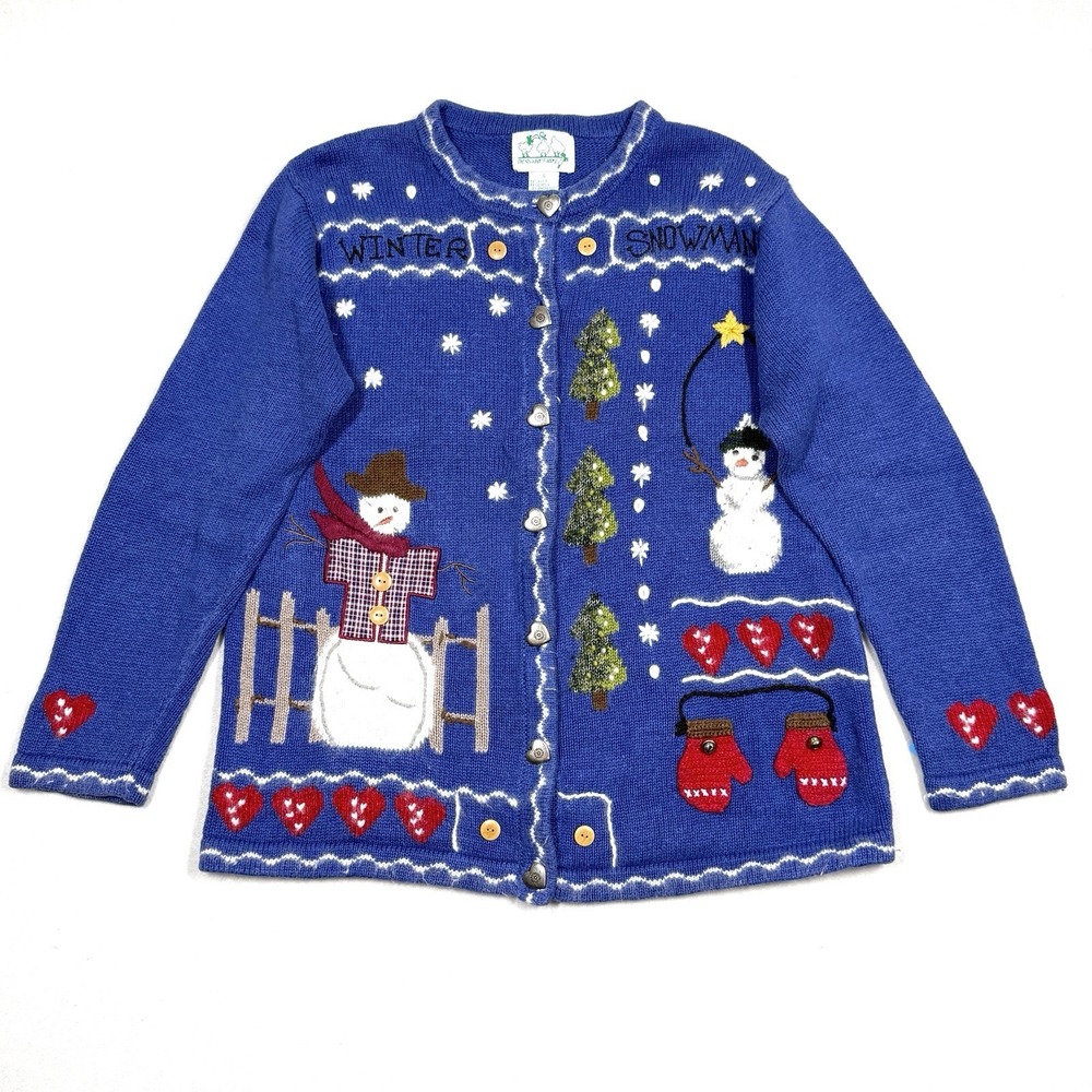Vintage‎ Christmas Sweater Womens Small Cardigan Snowman Embroidered Country 90s